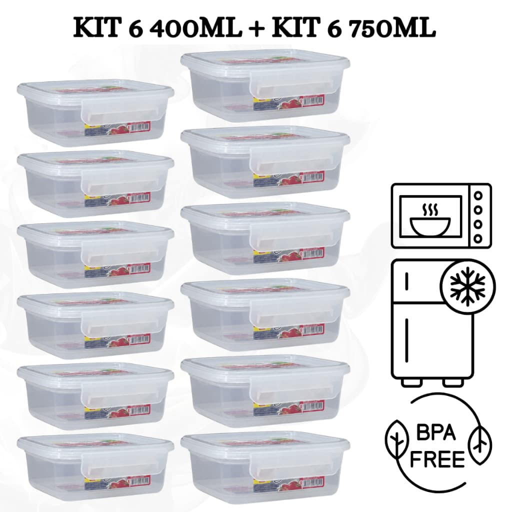 Kit 6 400ml + Kit 6 750ml Pote Marmita Hermético  Retangular Tampa com Trava Livre de BPA