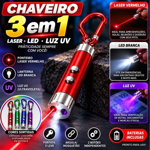 Chaveiro Laser Pointer com Lanterna LED e Luz UV 3 em 1