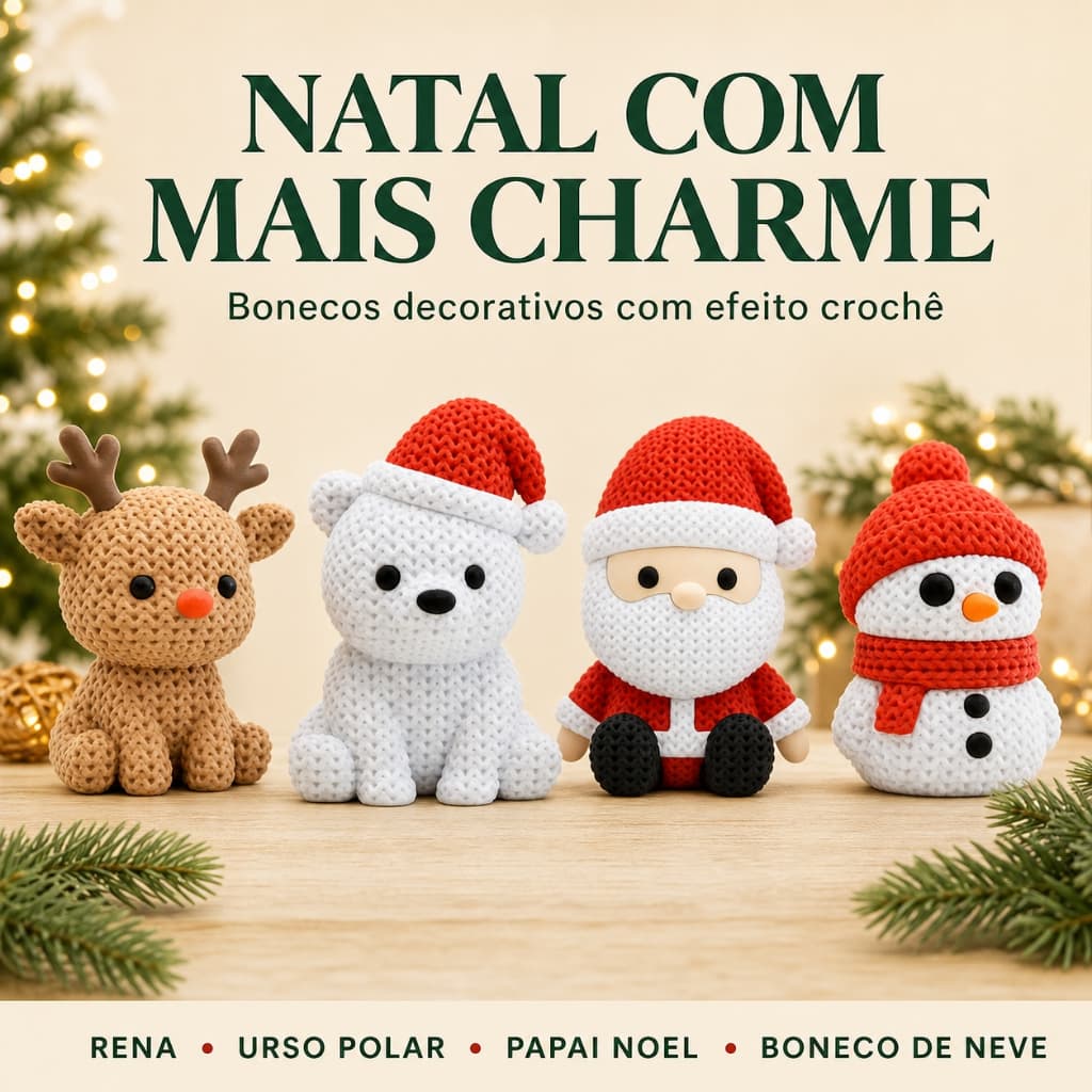 Bonecos Decorativos para o Natal Efeito Crochê 6cm Papai Noel Rena Urso Polar Boneco de Neve