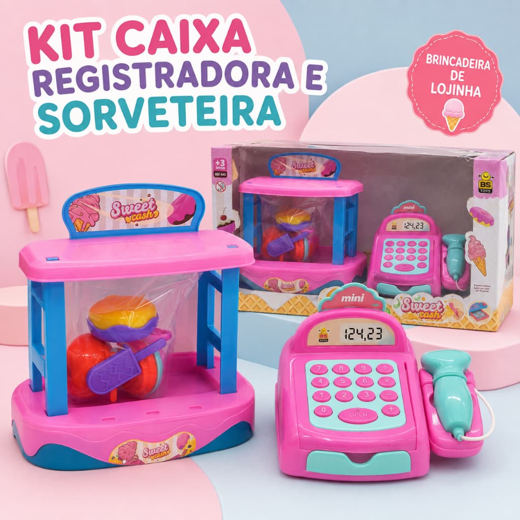 Kit Caixa Registradora Infantil com Sorveteira e Acessórios Rosa