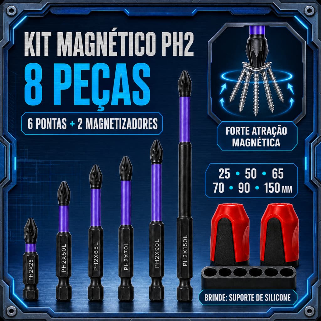 Kit 8 Bits Cruzado Magnéticos PH2 de Impacto Anti Derrapante Encaixe Preciso Anti choque Philips