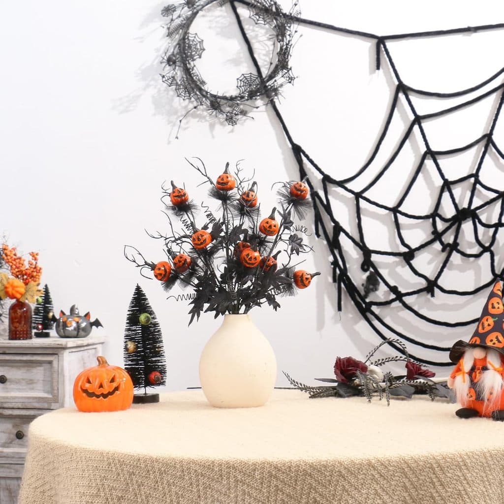 Kit 5 / 10 Galhos de Abóbora Halloween Artificial, Enfeite com Aranha para Festa, Mesa, Porta e Decoração de Casa