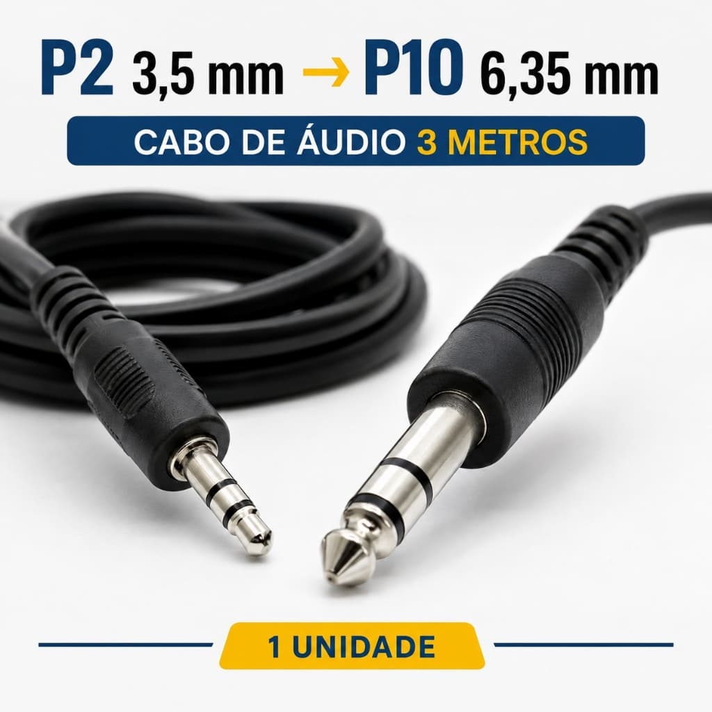 Cabo de Áudio P2 3,5mm para P10 6,35mm 3m Macho x Macho para Amplificador Mesa de Som Caixa de Áudio