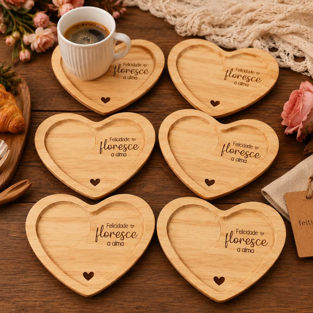 Conjunto 6 Pires Madeira Coração Mesa Posta Café Chá Sobremea Decoração Presente Criativo Artesanal