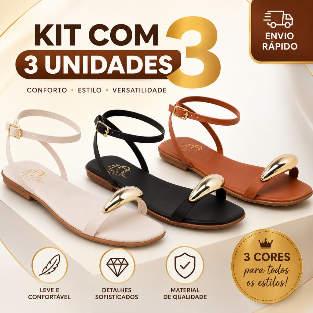 Kit 3 Pares Sandália Rasteirinha Feminina Rasteirinha Metalizado Tacha Lesma de Enfeite Casual e Elegante