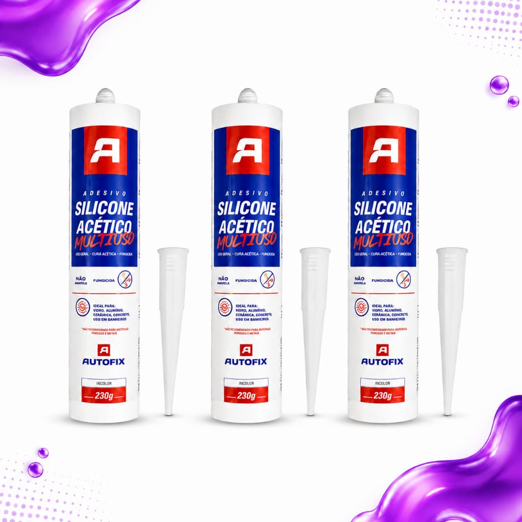 3 Unidades Silicone Acético Multiuso Autofix 230g Incolor Antifungo Vedação Box Vidro Banheiro Pia