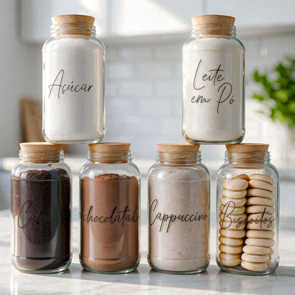 Kit Cantinho do Café Completo - Açúcar, Café, Biscoitos, Leite em Pó, Achocolatado, Cappuccino - Armazenamento - Cozinha