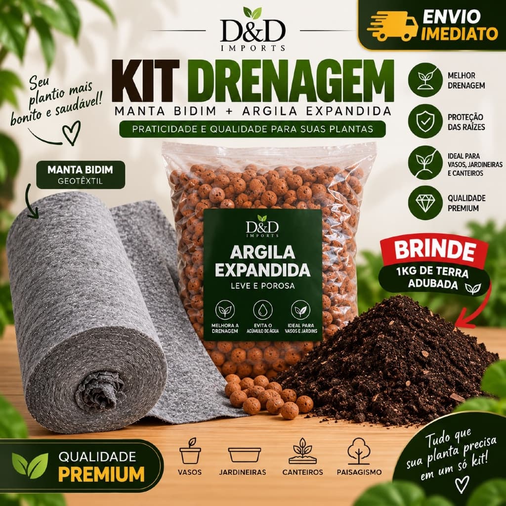 Kit Drenagem para Vasos Manta Bidim + Argila Expandida + Terra Adubada - ENVIO IMEDIATO