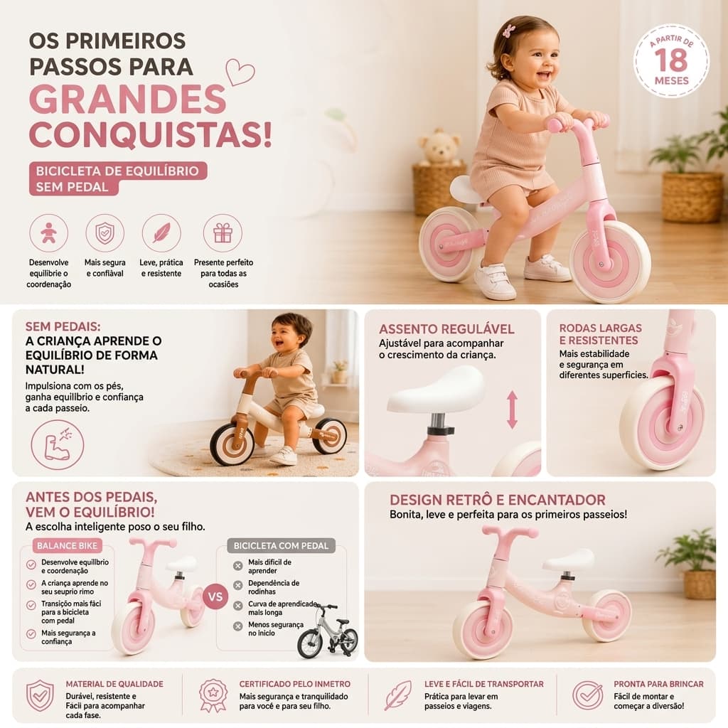 Bicicleta Infantil Sem Pedal Balance Bike Bege e Rosa Equilíbrio
