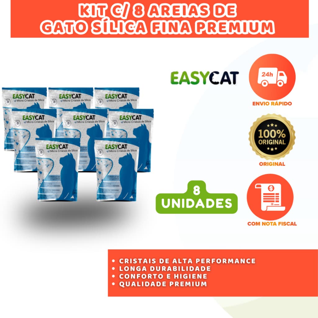 KIT 8 AREIAS DE GATO EASY CAT SÍLICA GROSSA 1,6KG CONTROLE DE ODORES E UMIDADE