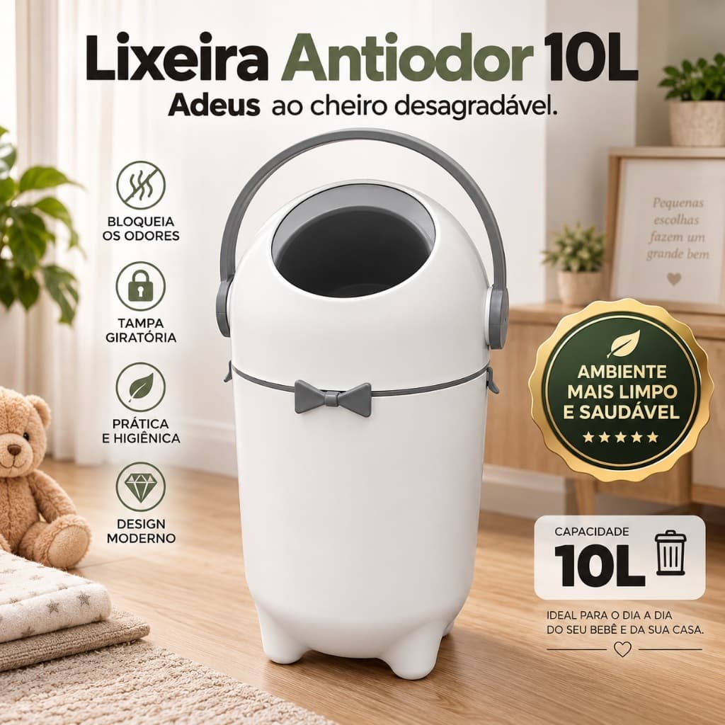 Lixeira Antiodor 10L com Tampa Giratória para Fraldas Banheiro Cozinha Vedação de Odores