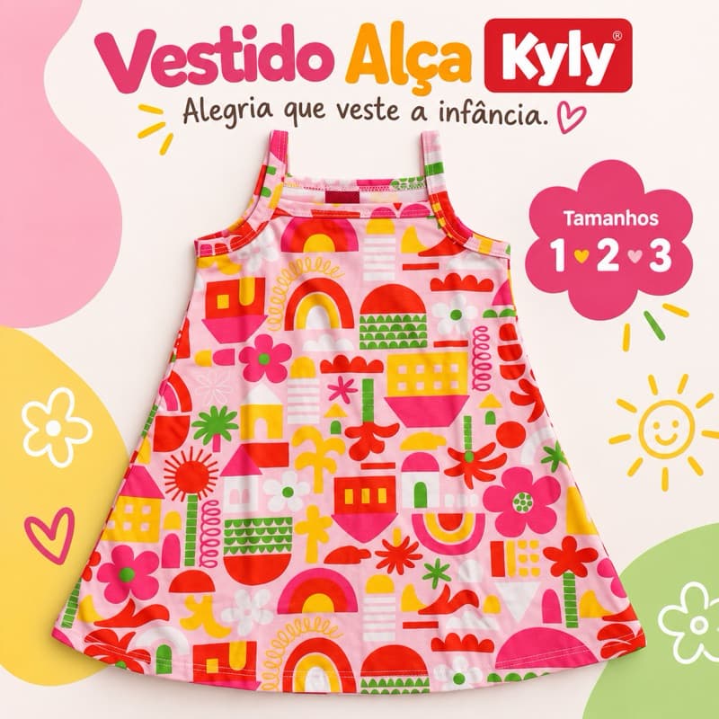 Vestido Infantil Menina Kyly Alça Estampado Colorido Verão Tamanho 1 2 3