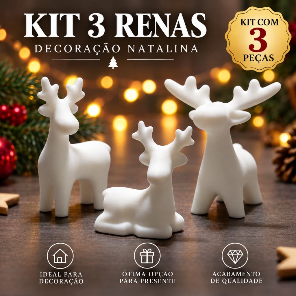 Trio de Renas Natalinas Decorativas - Design Exclusivo e Acabamento Suave em Plástico Resistente