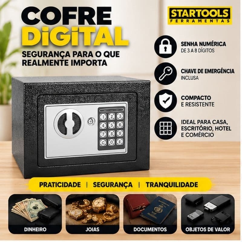 Cofre Digital Eletronico Seguranca Alta Teclado Senha Chave Preto Compacto Resistente