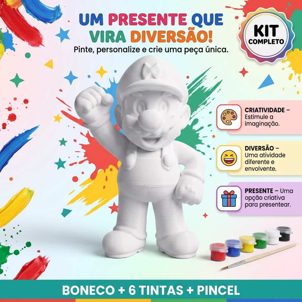 Mario Bros Boneco 3D para Pintar com 6 Tintas e Pincel | Kit Criativo