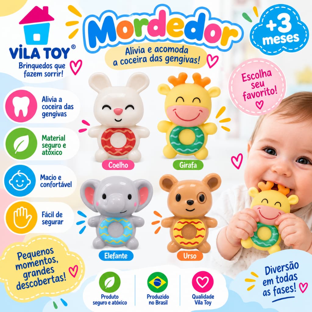 Mordedor Infantil Vila Toy (Coelhinho, Rena, Elefante ou Cachorrinho)