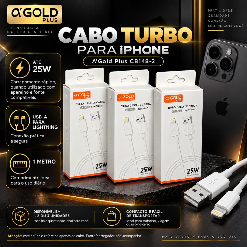Cabo USB para Lightning  IPhone A'Gold Plus 25W 1 Metro Carregamento Rápido iPhone Cabo Carregador CB148-2