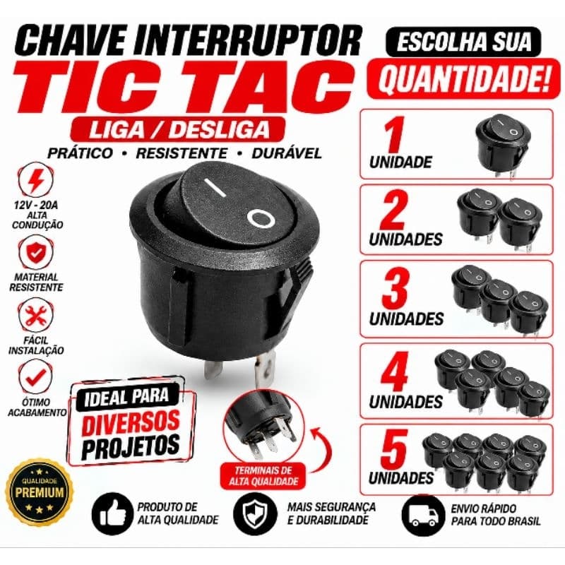 Chave Tic Tac Gangorra Redonda 2 Estágios Liga Desliga  12V-24V ou 127V-220V Automotiva Residencial