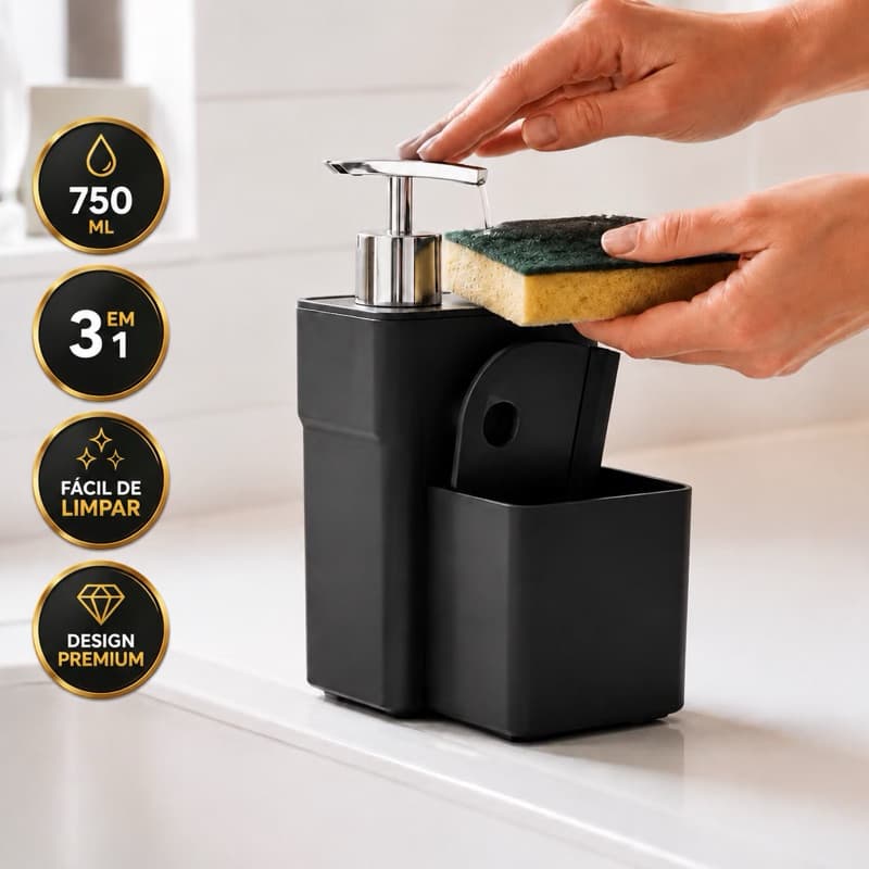 Kit Dispenser Detergente Sabão Rodinho Pia de Cozinha Suporte Esponja Bucha 3x1 Organizador