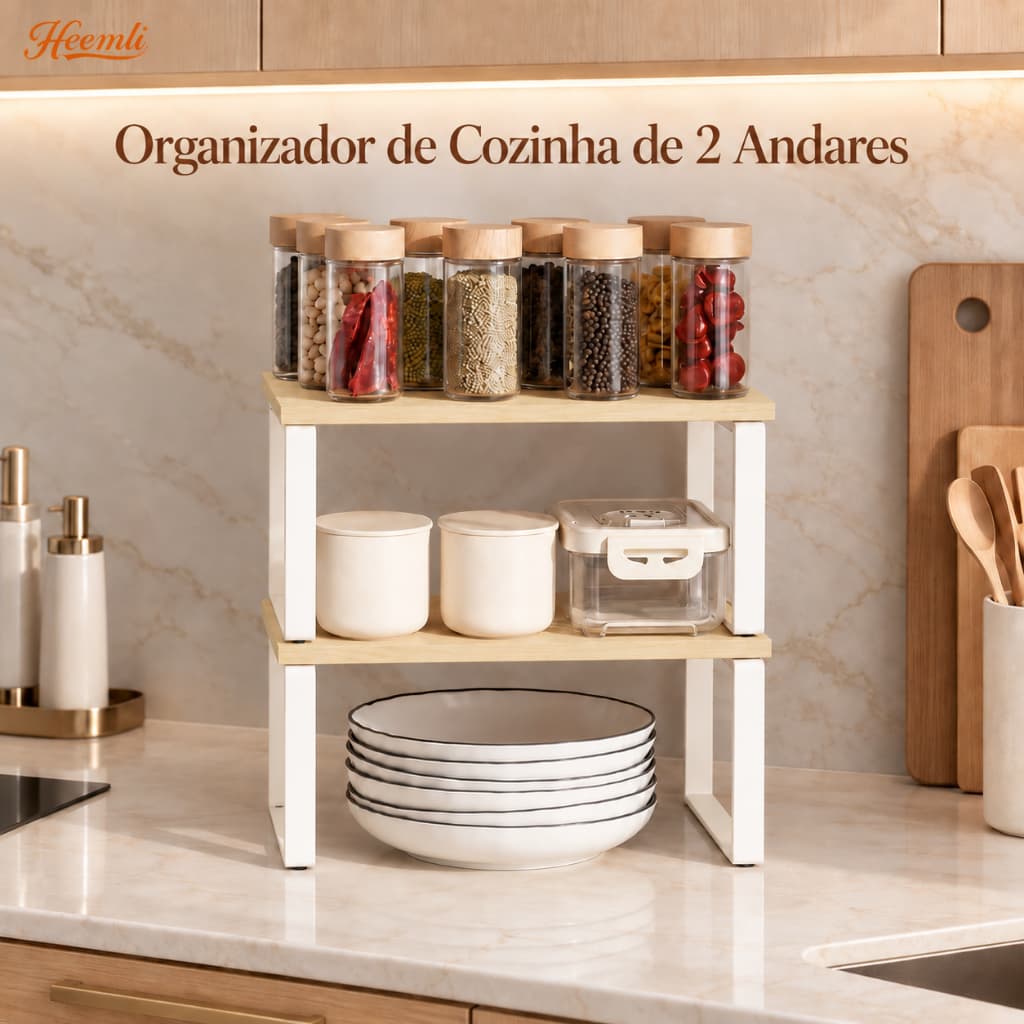 Heemli Prateleira Extensível de Cozinha 2 Andares Organizadora Multifuncional Madeira