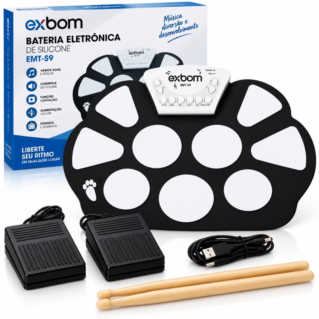 Bateria Eletrônica Musical Drum Silicone Dobrável 2 Pedais Exbom