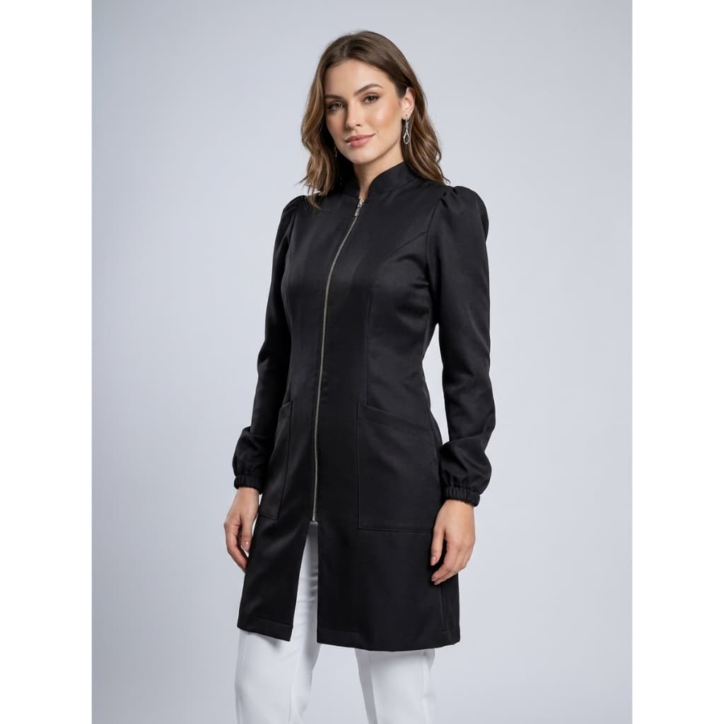 Jaleco Preto Feminino Gabardine Premium Manga Bufante Princesa Biah Jaleco Art