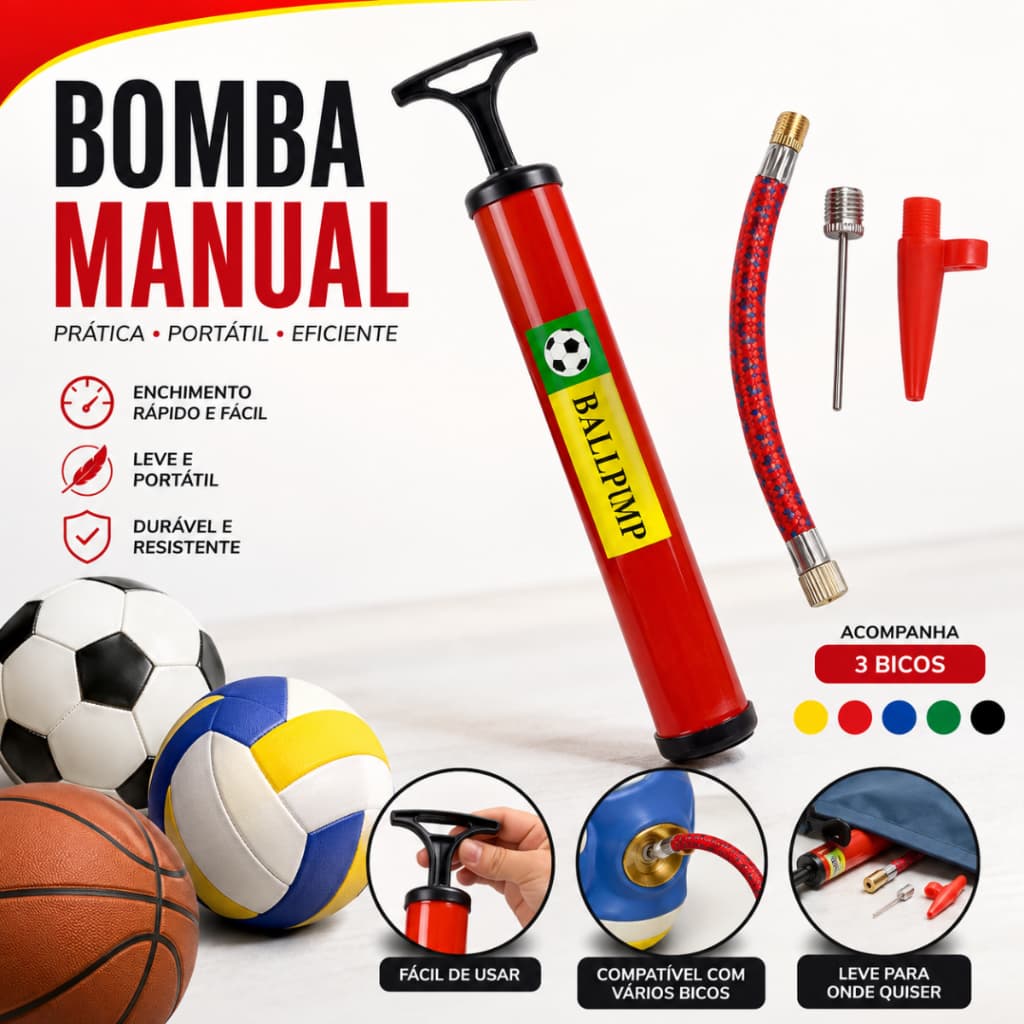 Kit Bomba Ar Manual Para Encher Bolas + Bicos Universal Inflar Futebol Volei Basquete e Infláveis Bóias