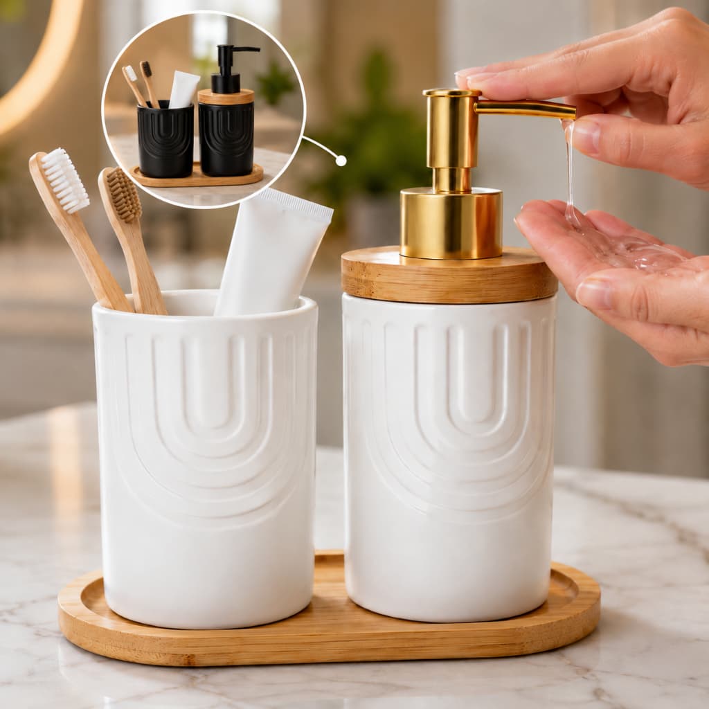 Dispenser de Sabonete Líquido Detergente 290ml e Porta Escova de cerâmica com Bandeja de Bambu