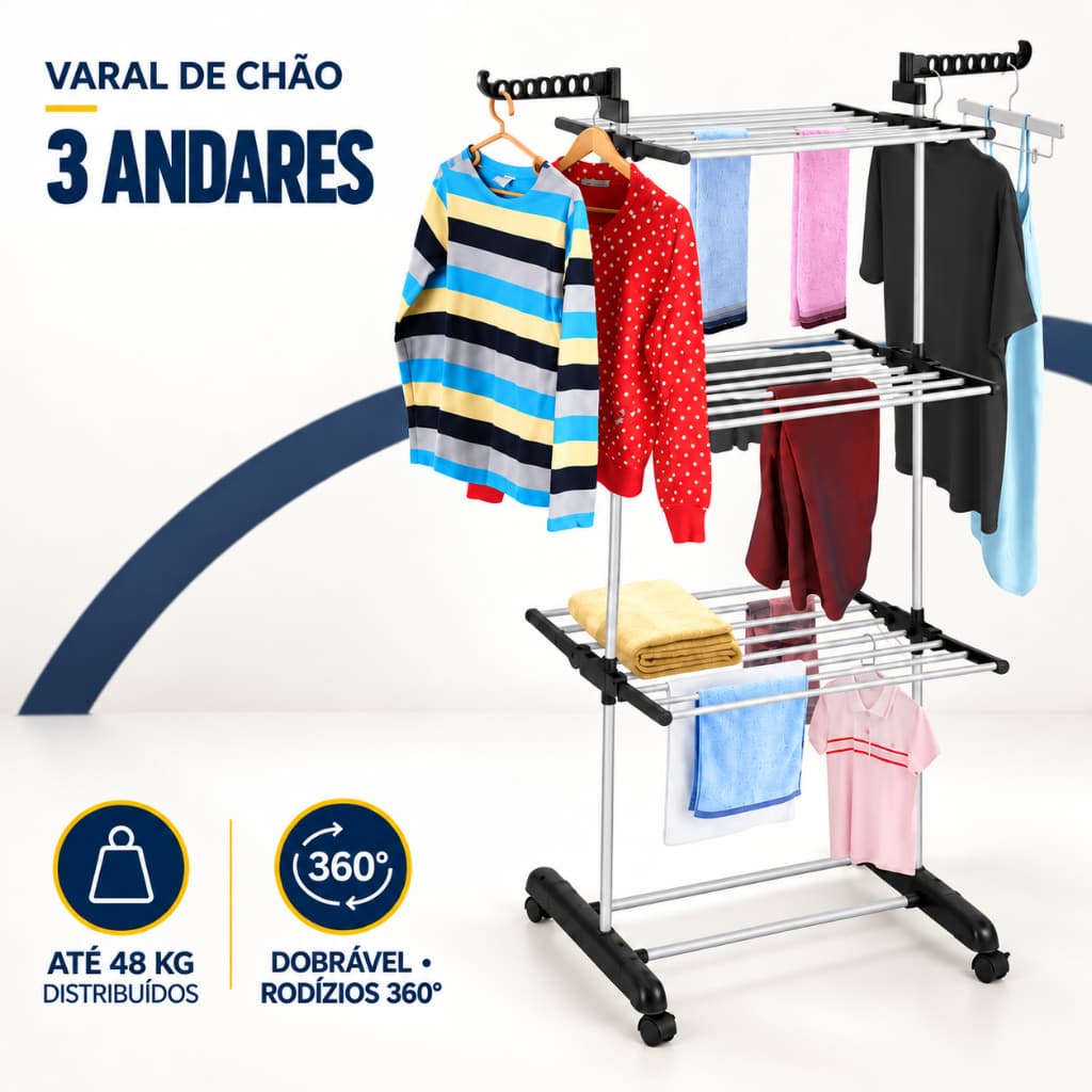 Varal De Chão Roupa Calcinha 3 Andares Grade Dobrável Portátil Studio Apartamento Estudio