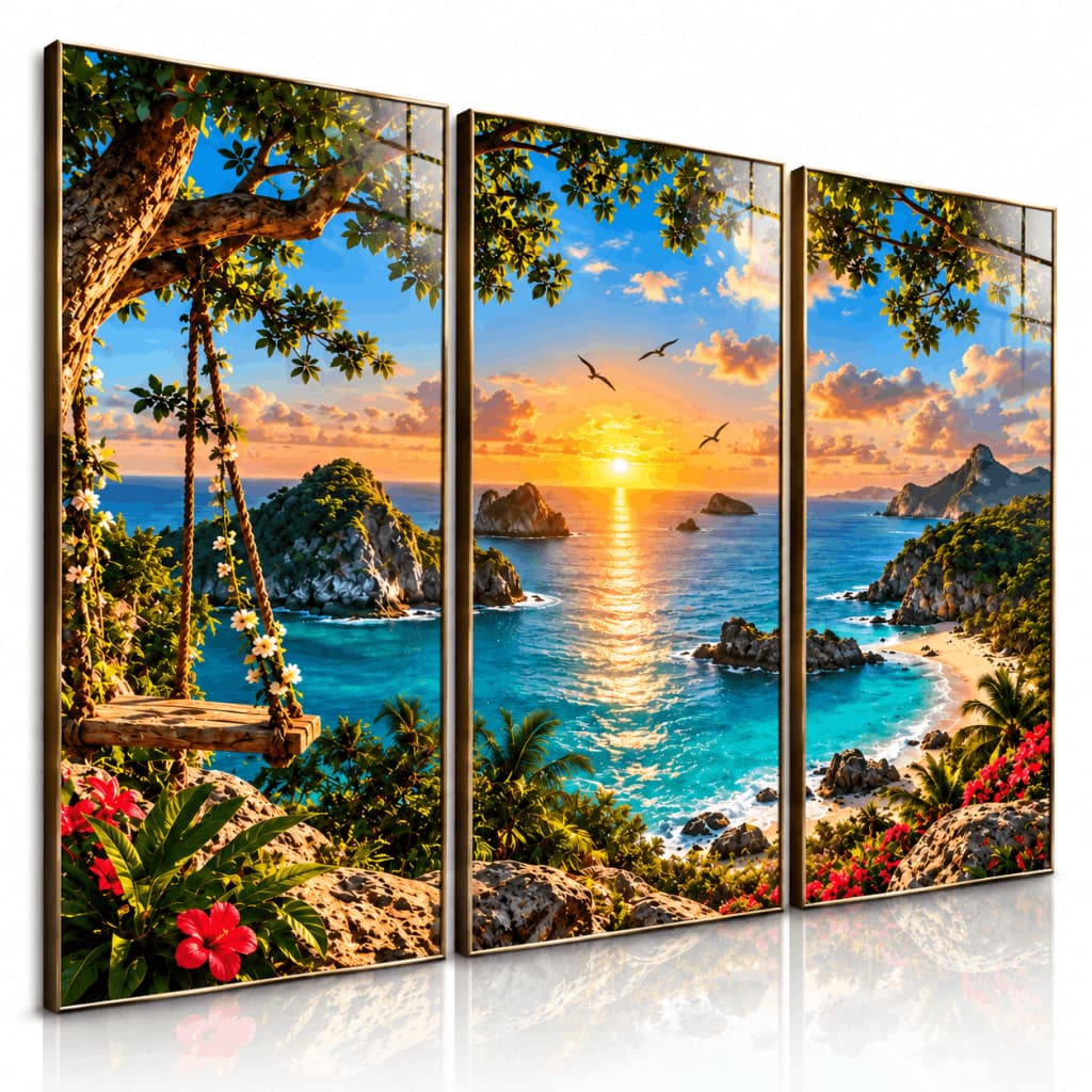 Kit 3 Quadros Decorativos Praia Paraíso Tropical Mar Pôr do Sol Paisagem para Sala Quarto