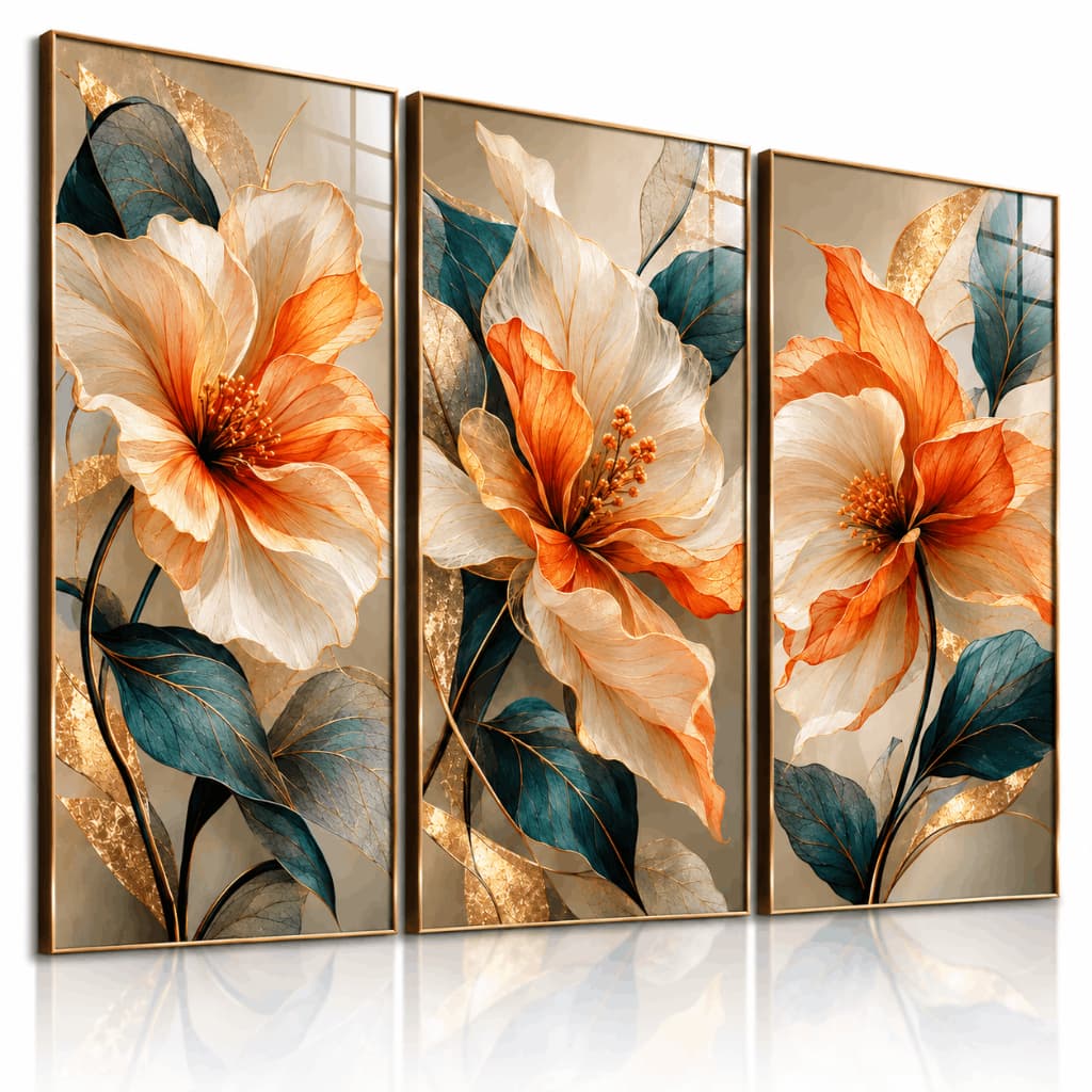 Kit 3 Quadros Decorativos Flores Floral Moderno Bege Dourado para Sala Quarto Escritório