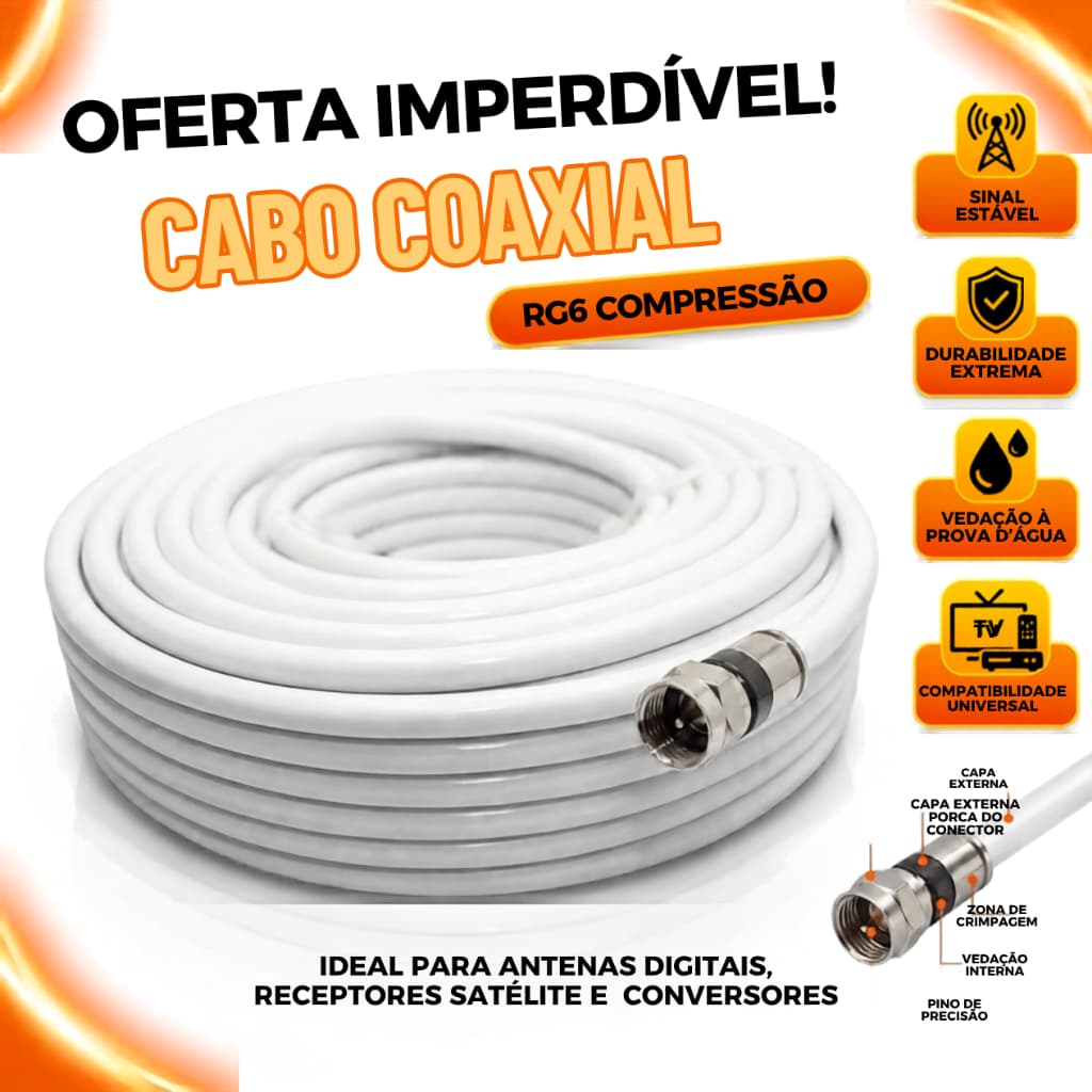 Cabo Coaxial RG6 30 Metros Montado Com Conectores Crimpados Para Conversor Digital E Antena Sat Regional HD