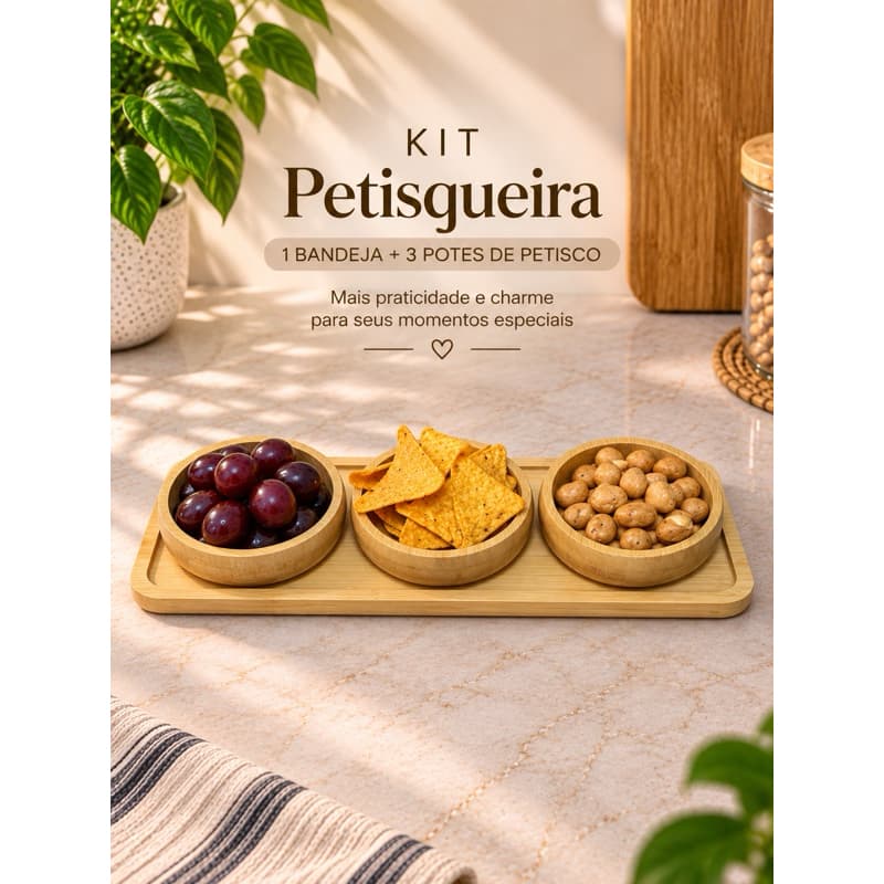 Pestisqueira com bandeja e 3 potes para Petiscos de bambu - Kit para servir Aperitivos