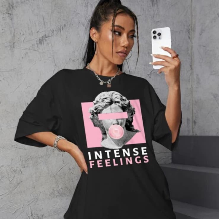 Camiseta Oversized Feminina Intense Feelings Camisa Algodão Premium Confortável Larga