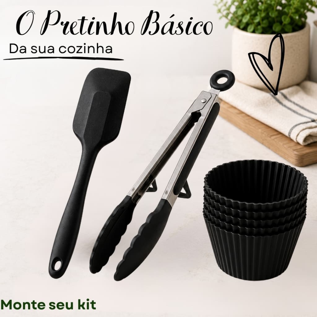 Kit Cozinha Silicone Preto Espátula Pão Duro Pegador Inox Forminhas de Cupcake Muffin
