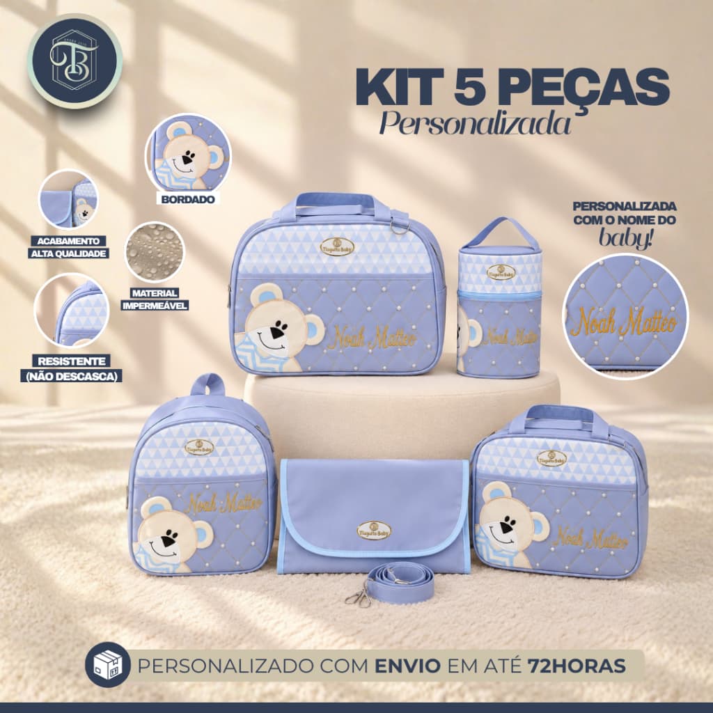 KIT BOLSA MATERNIDADE ORELHA SOLTA 5 PEÇAS PERSONALIZADA (AZUL)