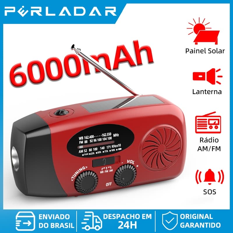 Rádio de Emergência Solar 6000mAh com Rádio AM/FM, Lanterna LED, Alarme SOS, Carregamento Solar/Manivela/Type-C