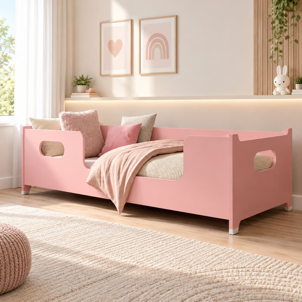 Mini Caminha Infantil Encanto Rosa Montessori Compacta Grade Proteção Quarto Menina Em MDF Confortável
