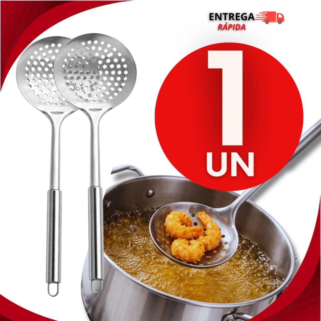 Escumadeira Inox 32,7cm Praticidades e Durabilidade Para Sua Cozinha Frituras Arroz