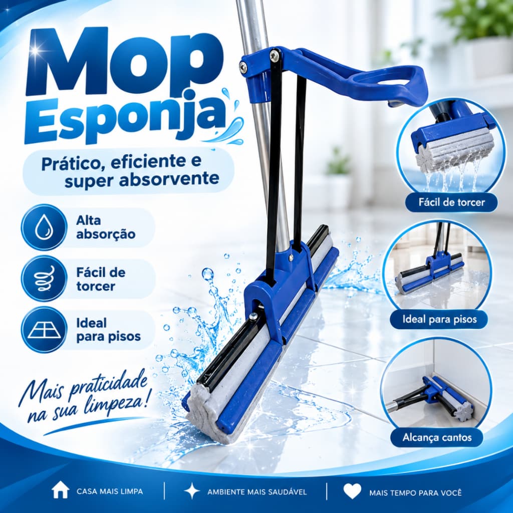 Mop Esponja 2 em 1 Rodo Com Espuma Enxuga e Varre Esfregão Rodo Mágico