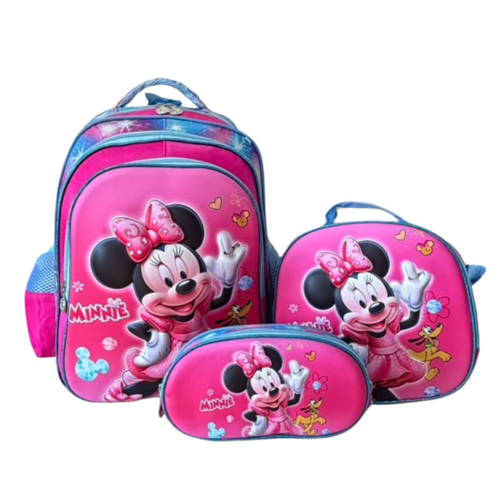 Kit Mochila Escolar 3D Minnie Mouse Menina Grande Reforçada Com Lancheira Térmica e Estojo