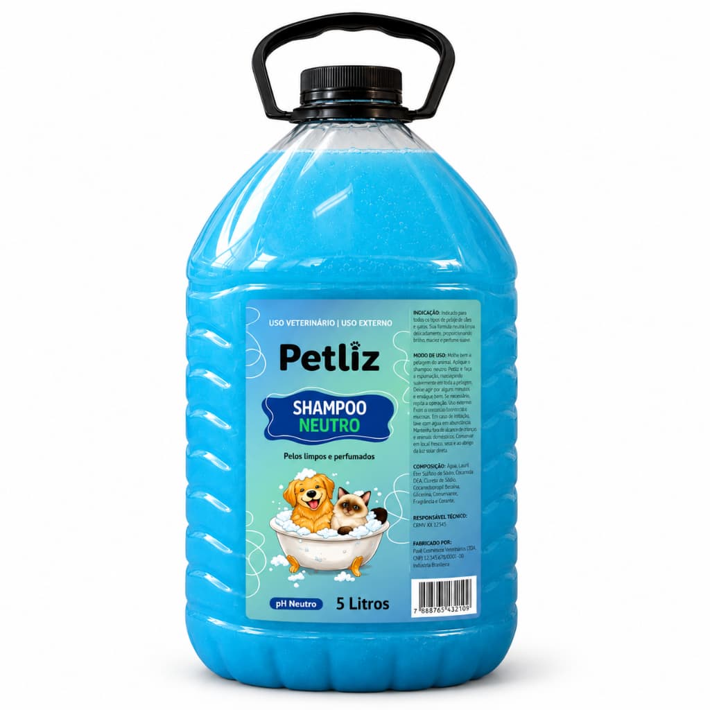 Shampoo Neutro Cães e Gatos 5 Litros pH Neutro Limpeza Suave Brilho Maciez e Perfume Petliz