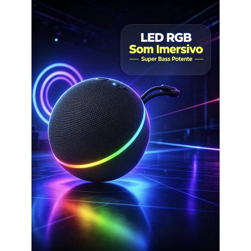 Caixa de Som Portátil Bluetooth 5.0, Super Grave, À Prova D'água com Luz RGB, Alto-falante Mini para Banheiro e Acampame