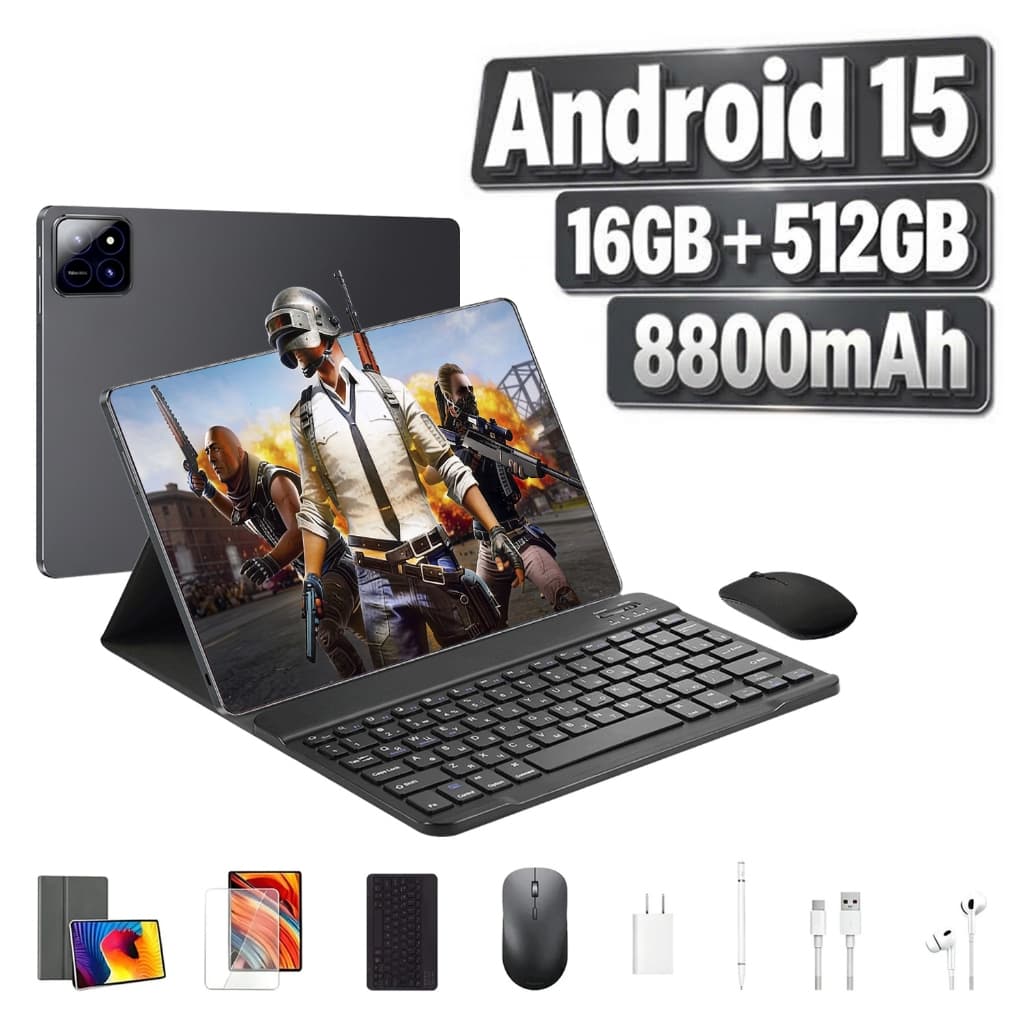 Tablet  Tela HD 11.6 Polegadas 16GB RAM 512GB Android 15 Bateria 8800mAh Suporte Cartão SIM Wifi