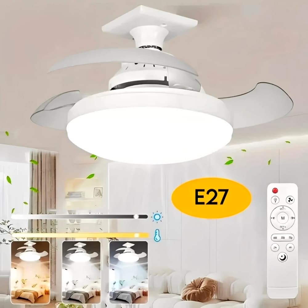 Ventilador de Teto Silencioso 120w Bivolt 3 hélices Retratil Lâmpada de LED 3 cores com Controle