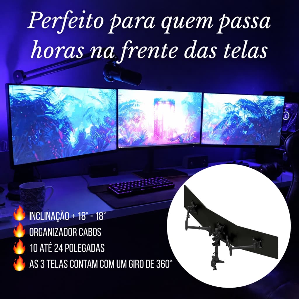 Suporte 3 Monitores 10'' Até 24'' Reforçado Articulado com Inclinação até 18º Altura Ajustável Economia de Espaço