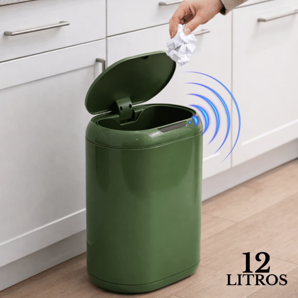 Lixeira Inteligente 12L Abre Fácil C/ Sensor Automático Botão Touch Quartos Escritórios Banheiros