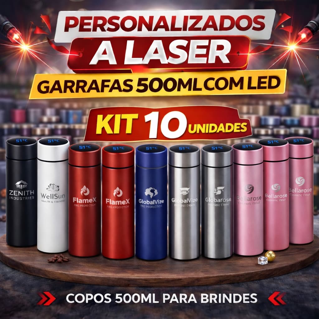 Kit 10 Garrafas Térmicas 500ml Inox | Display LED, Personalizadas a Laser, Quente e Frio 12h