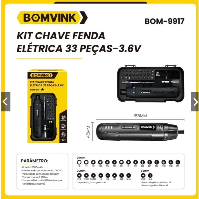 BOM-9917Parafusadeira Elétrica 3.6V  Kit 33 Peças Bateria 2000mAh USB-C Torque Ajustável