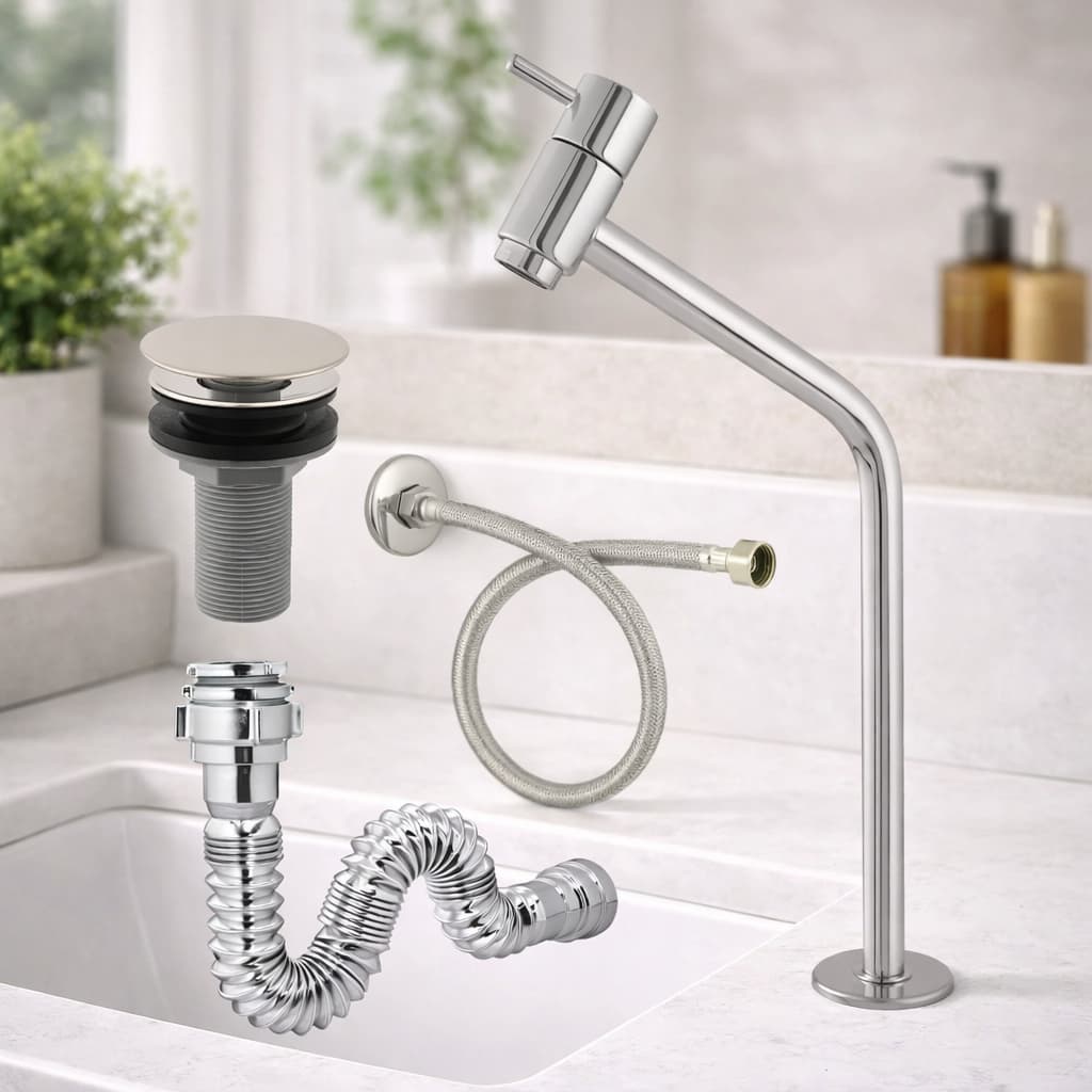 Kit Torneira Cuba Link Alta Banheiro Lavabo Metal + Válvula Click + Sifão Cromado + Engate 40cm